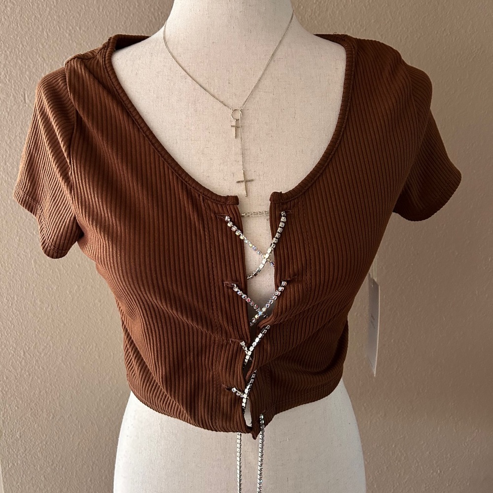 Rhinestone crop top in brown